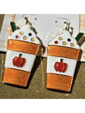 Autumn Fall Festive Pumpkin Spice Latte Gold Tone Enamel Earrings NWT